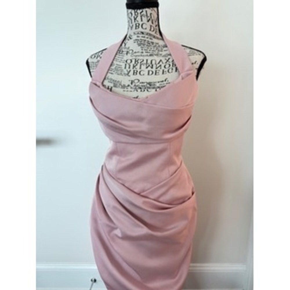 Rasario Blush Pink Satin Halter Neck Draped Ruched Midi Dress Cocktail Event